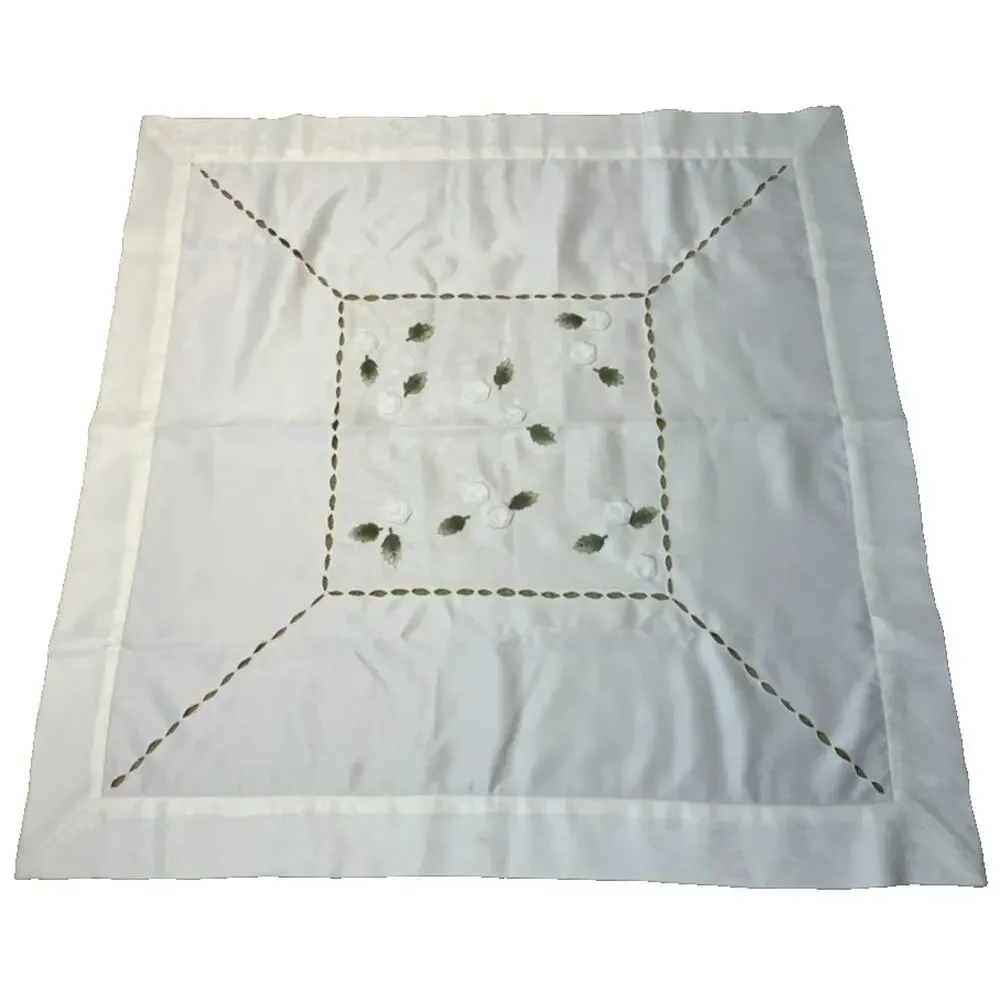 Table Topper White Floral Green Leaf Embellishments Cutwork 39 Inch Square